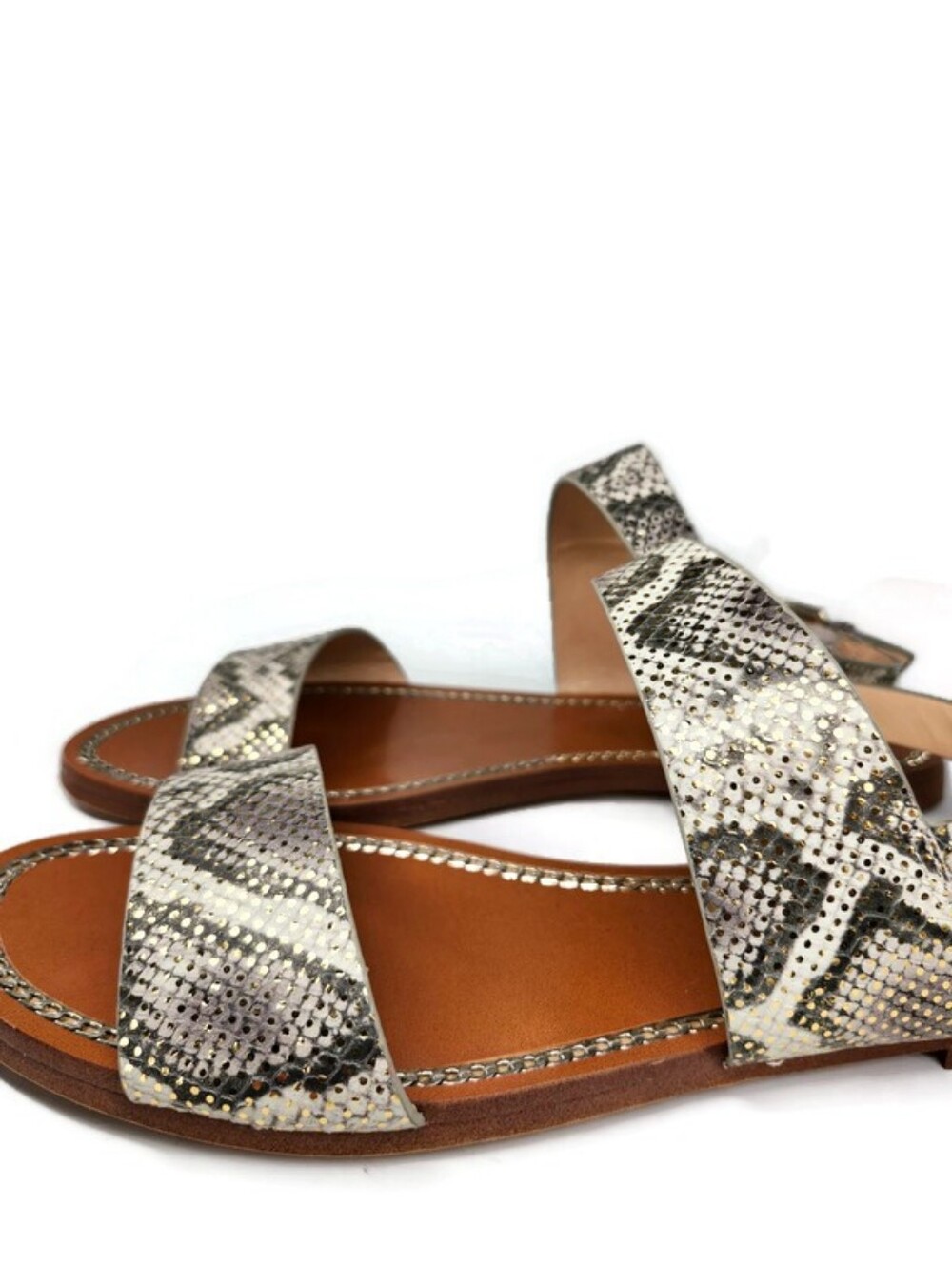 Vince Camuto Rentin Grey & White Snake Print Gold Shimmer Leather Flat Sandals - Picture 2 of 13